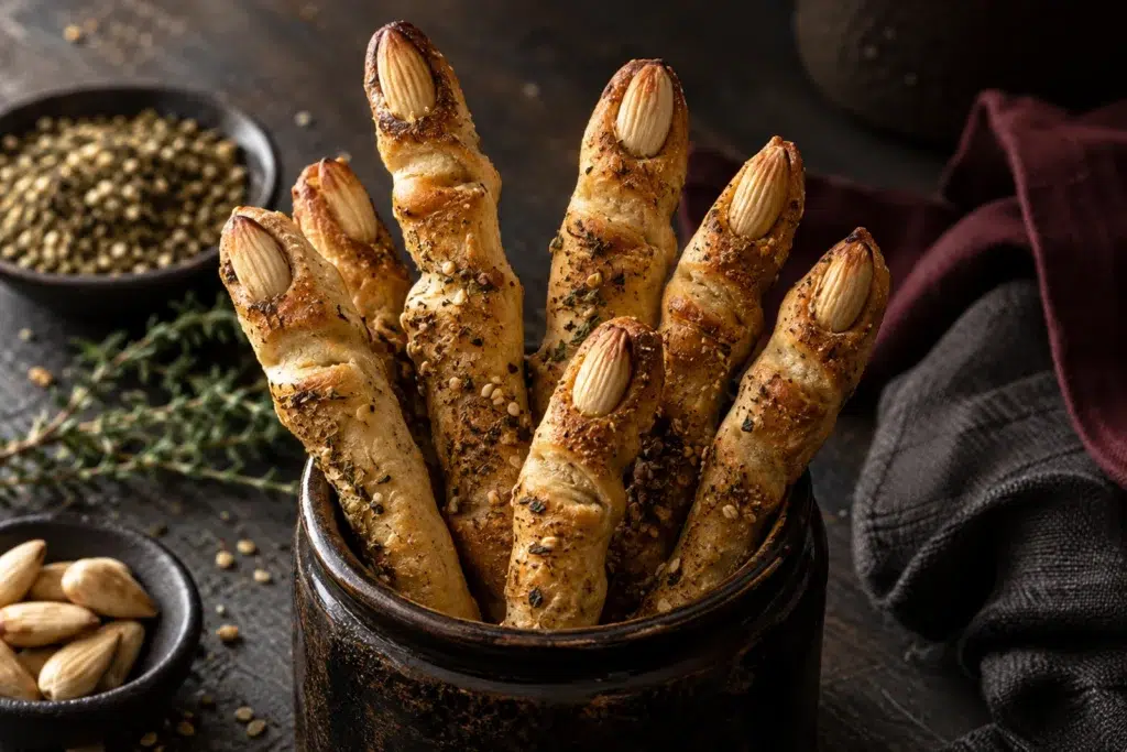 Witch Finger Za’atar Breadsticks: Press the Nails In Before You Bake 8 Close-up of crooked za’atar breadsticks with almond fingernails standing in a jar