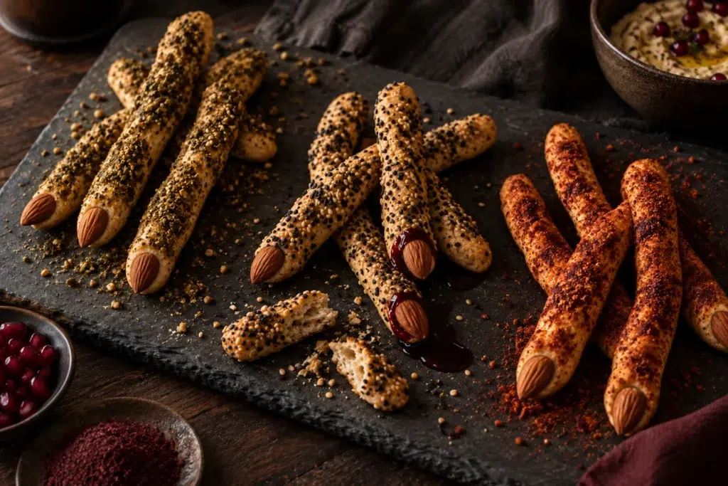 Witch Finger Za’atar Breadsticks: Press the Nails In Before You Bake 9 Witch finger breadstick variations with za’atar, black sesame and smoked paprika crusts on slate