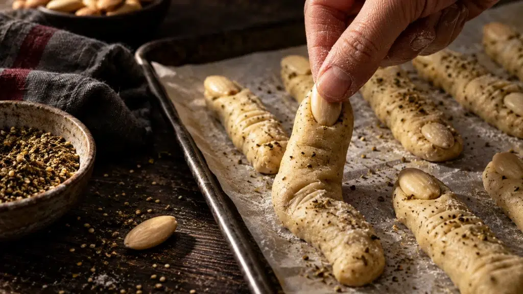 Witch Finger Za’atar Breadsticks: Press the Nails In Before You Bake 11 Almond being pressed into the tip of a raw dough finger on a baking tray